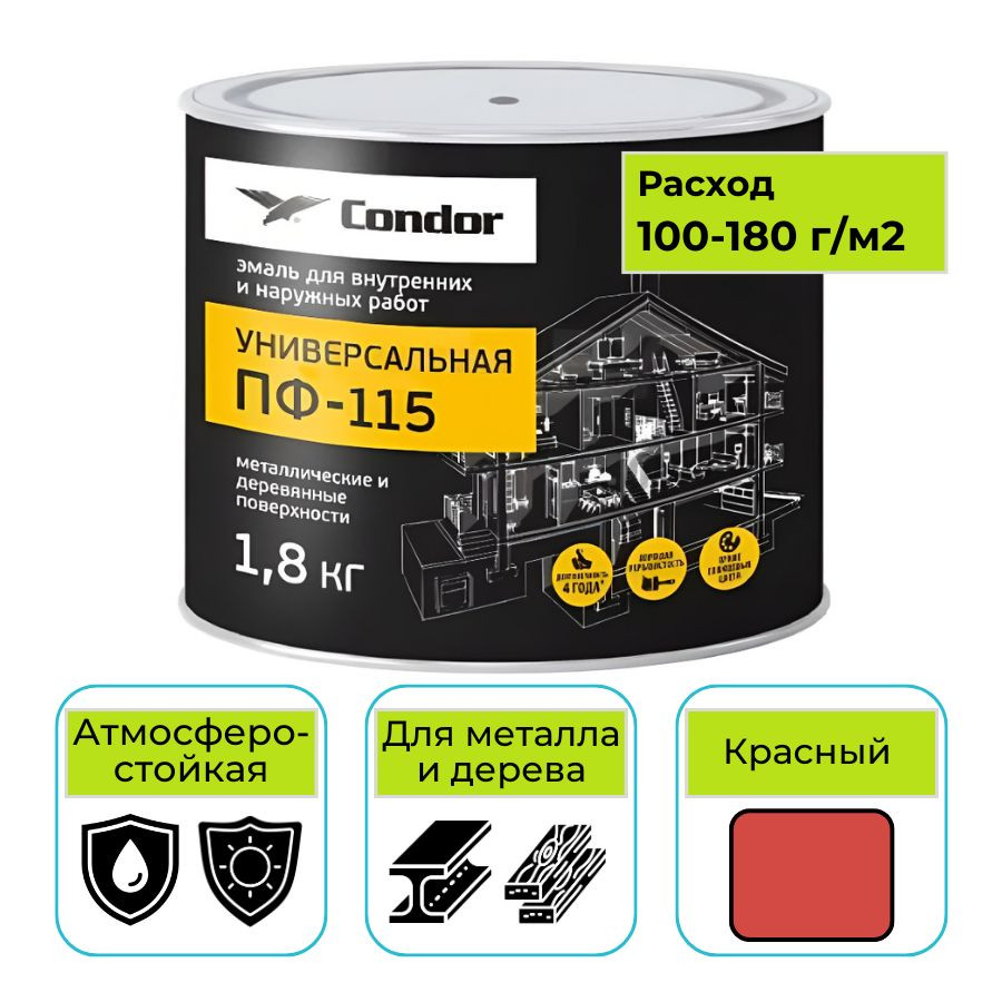 Эмаль алкидная CONDOR (Кондор) ПФ-115 универсальная красная 1,8 кг