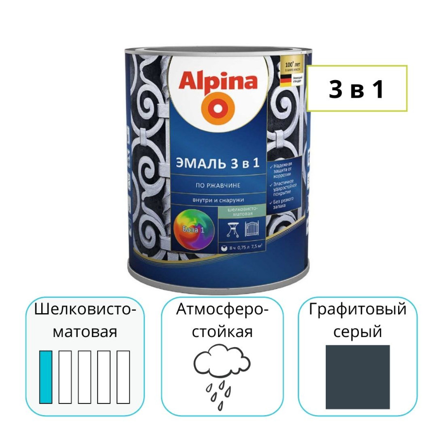 Эмаль Alpina по ржавчине 3 в 1 шелковисто-матовая графитовый серый 2,5 л