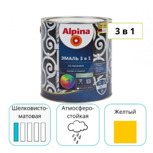 Эмаль Alpina по ржавчине 3 в 1 шелковисто-матовая желтая 2,5 л