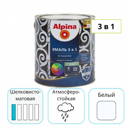 Эмаль Alpina по ржавчине 3 в 1 шелковисто-матовая белая 2,5 л 1