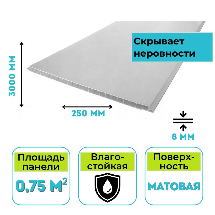 Панель ПВХ (пластиковая) Европрофиль 0201 3000x250x8 мм белая матовая