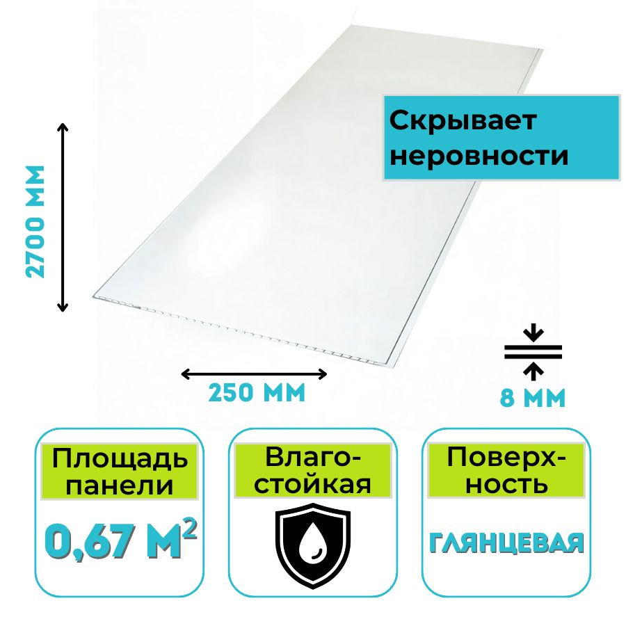 Панель ПВХ (пластиковая) Европрофиль 2700x250x8 мм белая глянцевая