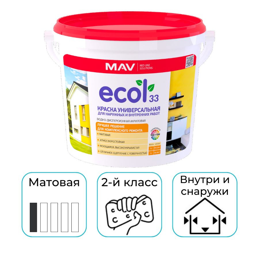 Краска акриловая вд MAV ECOL 33 универсальная белая матовая 1 л