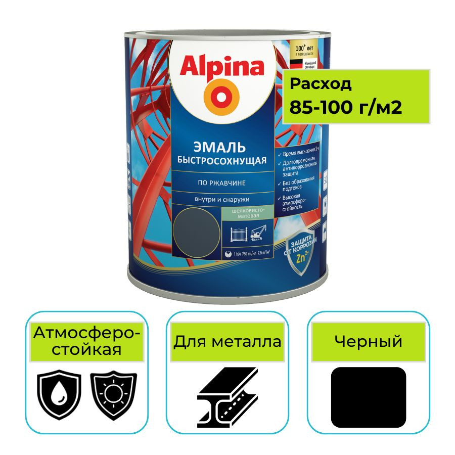 Грунт-эмаль Alpina Быстросохнущая черная 750 мл по ржавчине 3 в 1 RAL 9005