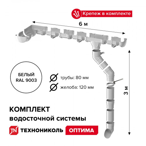 Комплект водосточной системы Технониколь Оптима 120/80 мм, для ската 6м, белый 1