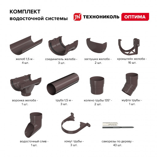 Комплект водосточной системы Технониколь Оптима 120/80 мм, для ската 6м, темно-коричневый