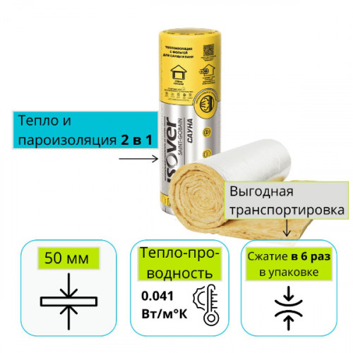 Утеплитель Изовер Сауна 12500х1200х50 мм фольгированный