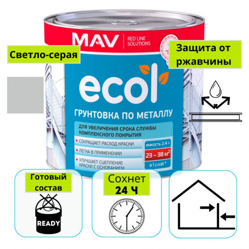 Грунтовка ГФ-021 ECOL MAV по металлу светло-серая 2,4 л