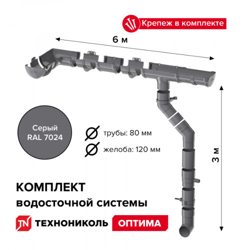 Комплект водосточной системы Технониколь Оптима 120/80 мм, для ската 6м, серый 1