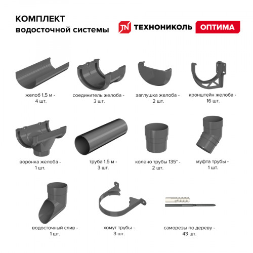 Комплект водосточной системы Технониколь Оптима 120/80 мм, для ската 6м, серый 3