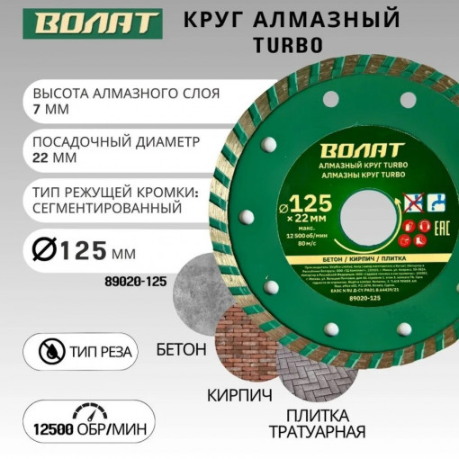 Круг (диск) алмазный отрезной универсальный 125х22 мм Turbo ВОЛАТ