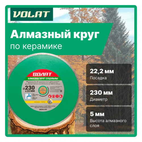 Круг (диск) алмазный отрезной сплошной по керамике 230х22 мм ВОЛАТ 2