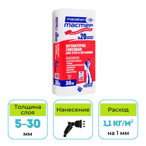 Штукатурка гипсовая Тайфун Мастер №20 машинного нанесения 30 кг 1