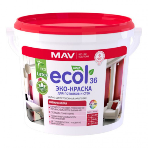 ЭКО-Краска MAV ECOL 36 для потолков и стен белая 11 л