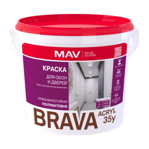 Краска MAV (МАВ) BRAVA ACRYL 35у для окон и дверей белая полуматовая 5 л 2