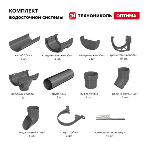Комплект водосточной системы Технониколь Оптима 120/80 мм, для ската 6м, серый