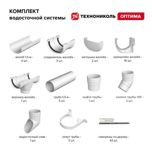 Комплект водосточной системы Технониколь Оптима 120/80 мм, для ската 6м, белый 4