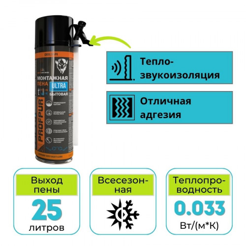 Пена монтажная бытовая PROFPUR ultra всесезонная 500 мл 1