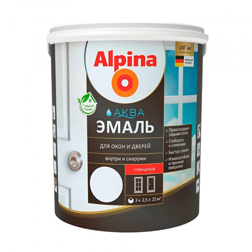 Эмаль акриловая ALPINA АКВА для окон и дверей глянцевая белая 2,5 л 2
