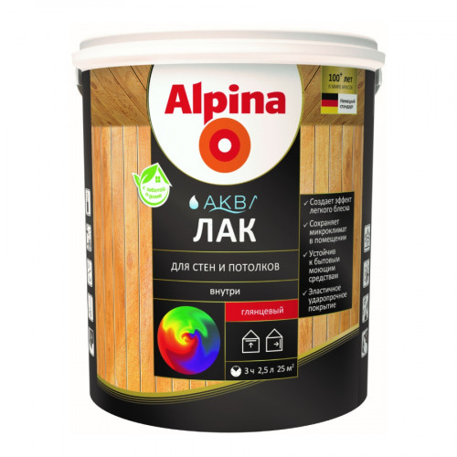 Лак акриловый ALPINA Аква Для стен и потолков глянцевый прозрачный 2,5 л 1