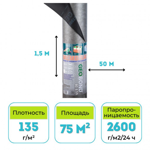 Мембрана гидро-ветрозащитная Geobond R-135 паропроницаемая 75 м2