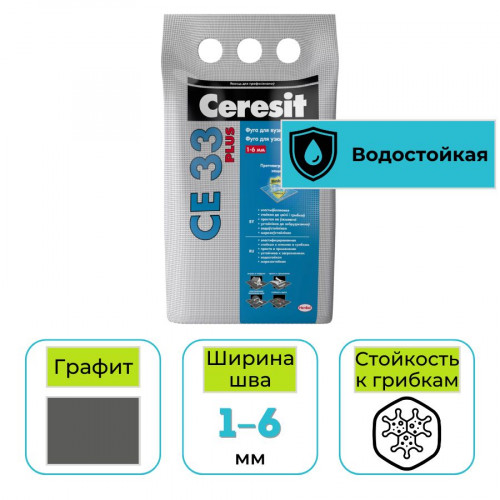 Фуга для заполнения узких швов Ceresit CE 33 Plus № 16 графит 2 кг 1