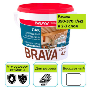 Лак MAV BRAVA ACRYL 43 прозрачный полуматовый 11 л