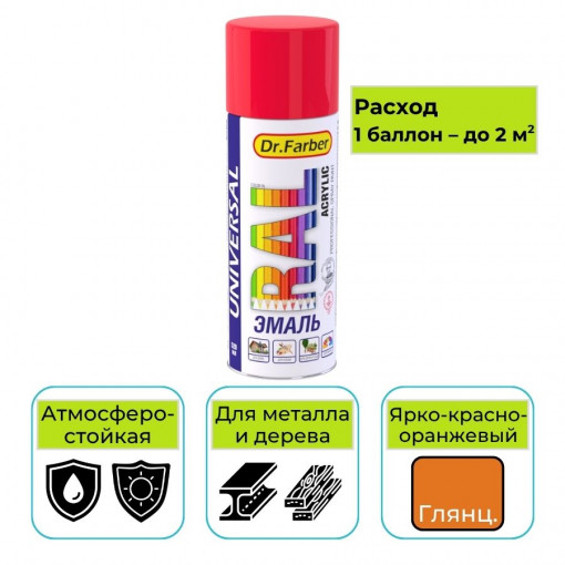 Эмаль-аэрозоль Dr. Farber ярко-красно-оранжевый глянцевая 520 мл акриловая универсальная RAL 2008