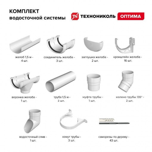 Комплект водосточной системы Технониколь Оптима 120/80 мм, для ската 6м, белый