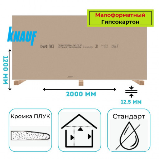 Гипсокартон 2000х1200х12,5 мм Кнауф кромка ПЛУК