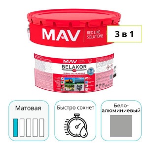 Грунт-эмаль MAV BELAKOR 15 бело-алюминиевый 10 л прямо по ржавчине 3 в 1 RAL 9006