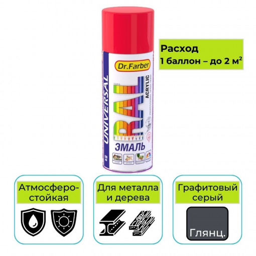 Эмаль-аэрозоль Dr. Farber графитовый серый глянцевая 520 мл акриловая универсальная RAL 7024