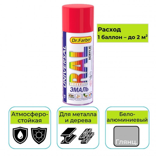 Эмаль-аэрозоль Dr. Farber бело-алюминиевый глянцевая 520 мл акриловая универсальная RAL 9006
