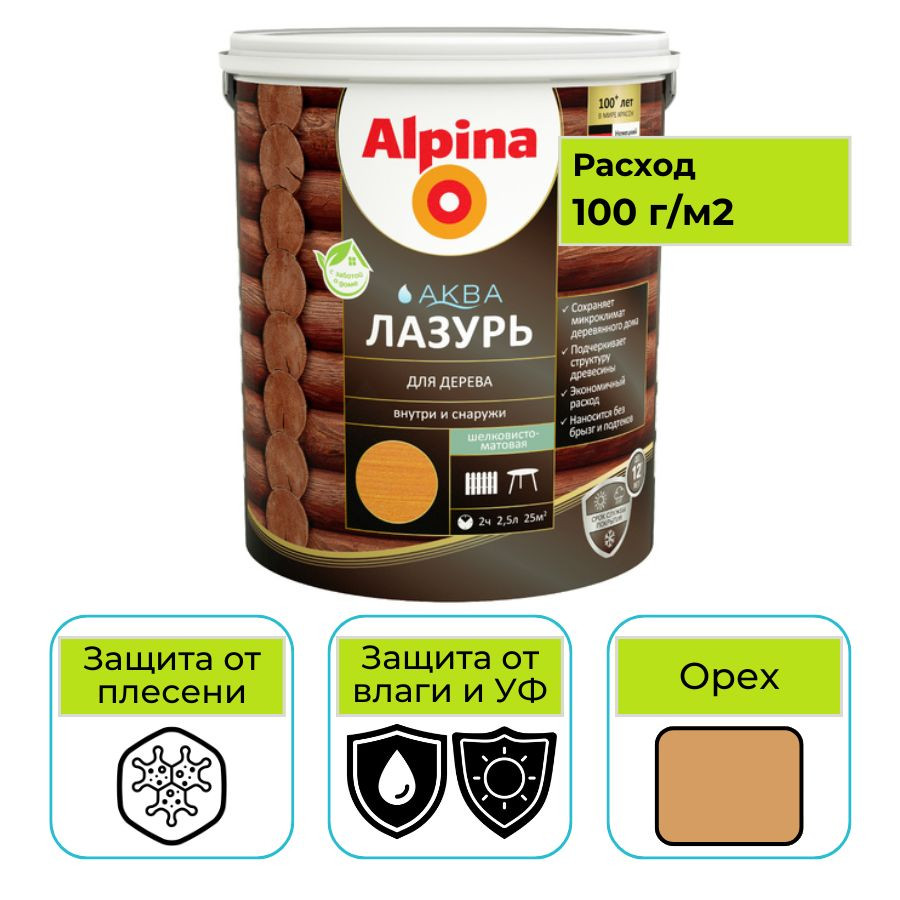 Лазурь для дерева Alpina АКВА орех 2,5 л