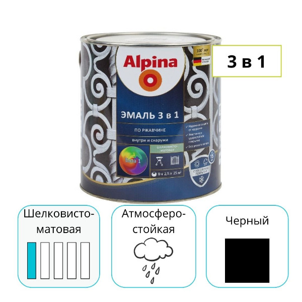 Эмаль Alpina по ржавчине 3 в 1 шелковисто-матовая черная 2,5 л